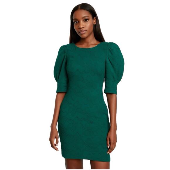 Lilly Pulitzer Dress Women L Emerald Green Knowles Puff Sleeve Textured Jacquard - Picture 1 of 13